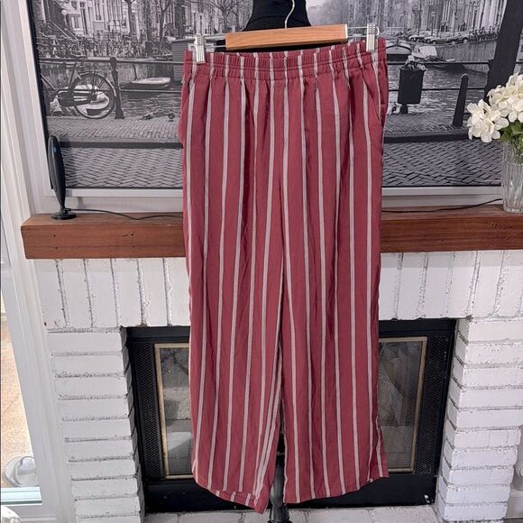 Express Women Pants Wide Leg Burgundy Red White Black Strip Small Stretch Waist - Picture 1 of 8